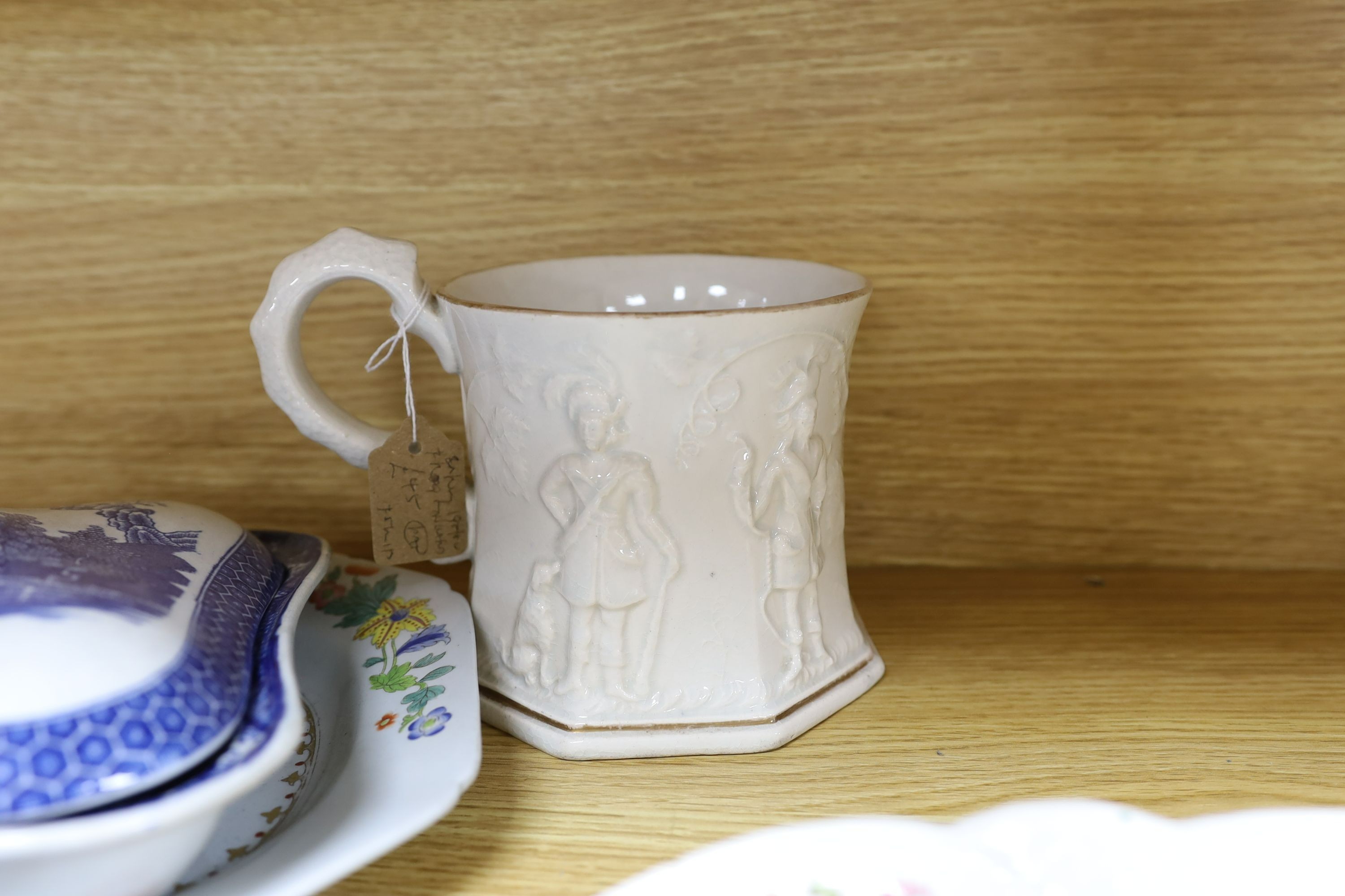 A pair of early 19th century pearlware plates, Leeds pottery tureen and cover, Coalport dessert dish. Spode serving plate and two mugs